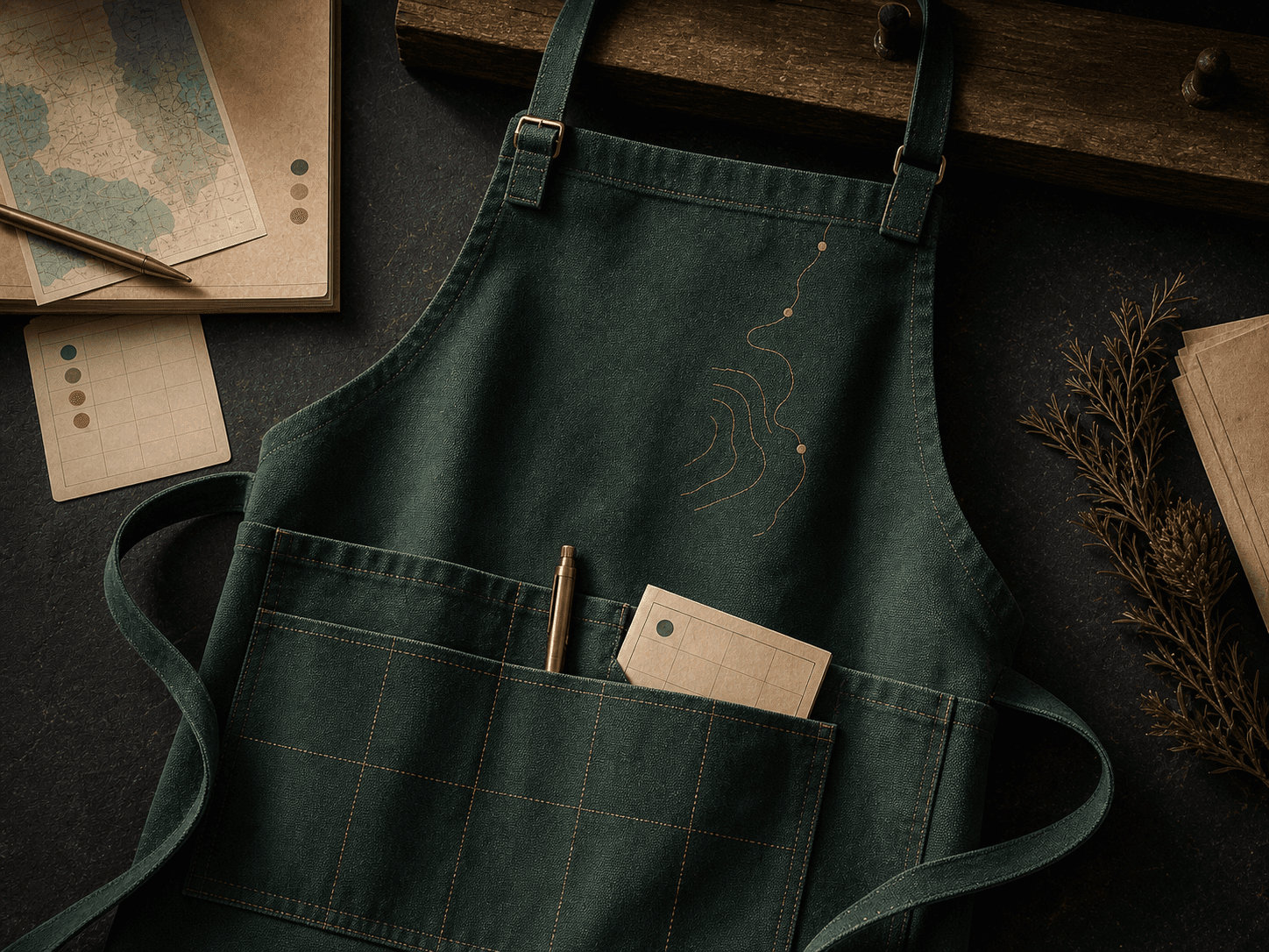 Deep-forest Counter Apron concept with route embroidery and a divided field-note pocket