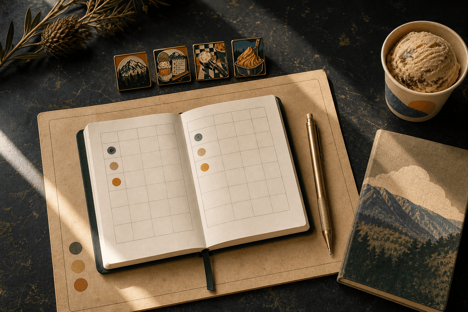 Open score-grid notebook in an editor's desk ritual