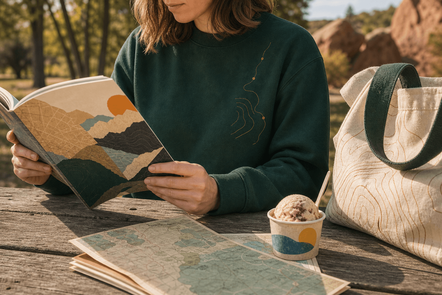 Reader in a forest crewneck with a route-line motif