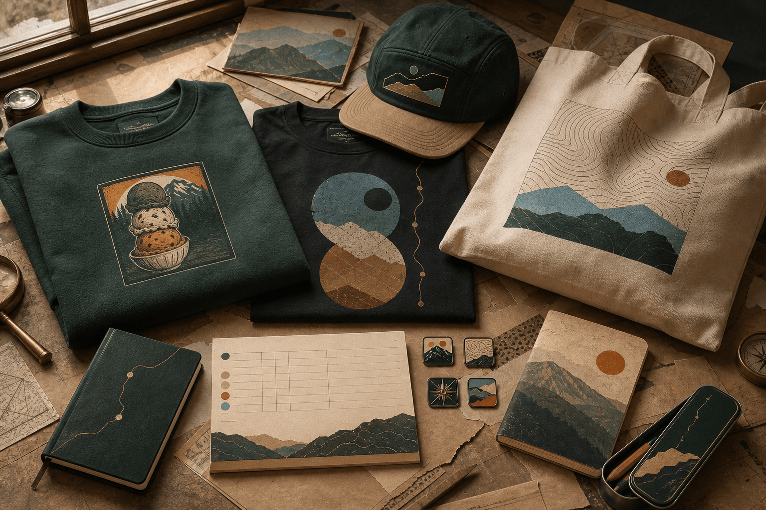 Grouped concept scene with the ink Ledger Tee at center