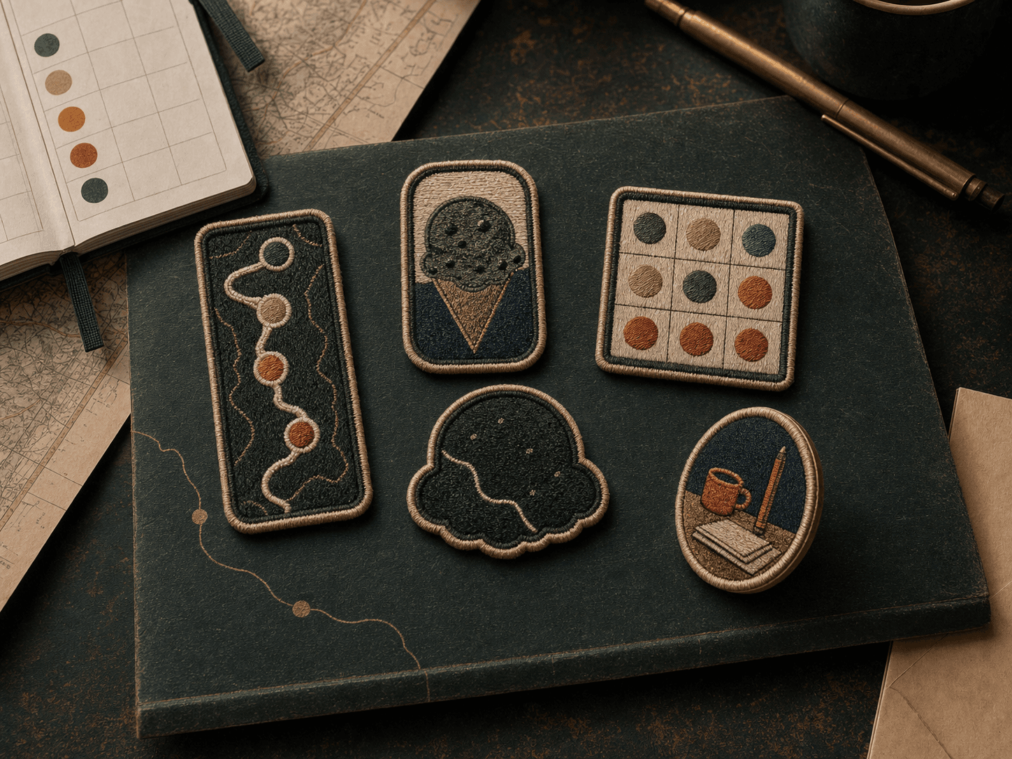 Five embroidered Scoop Trail route, score, and editorial desk patch concepts
