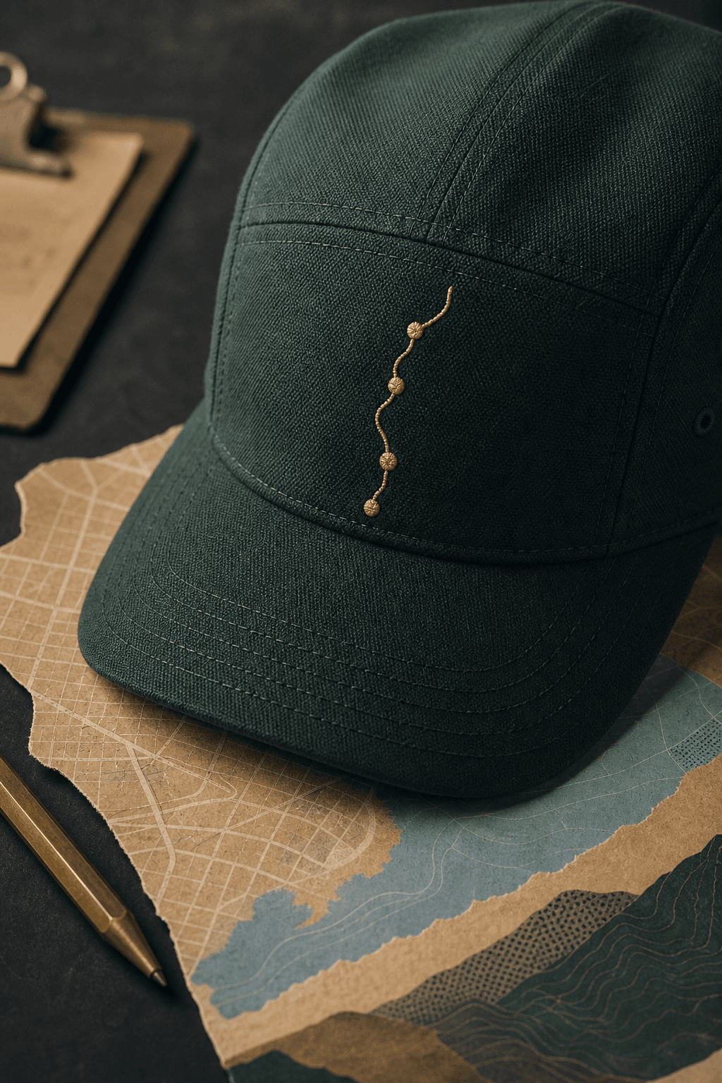 Close concept view of a forest cap with route-line embroidery