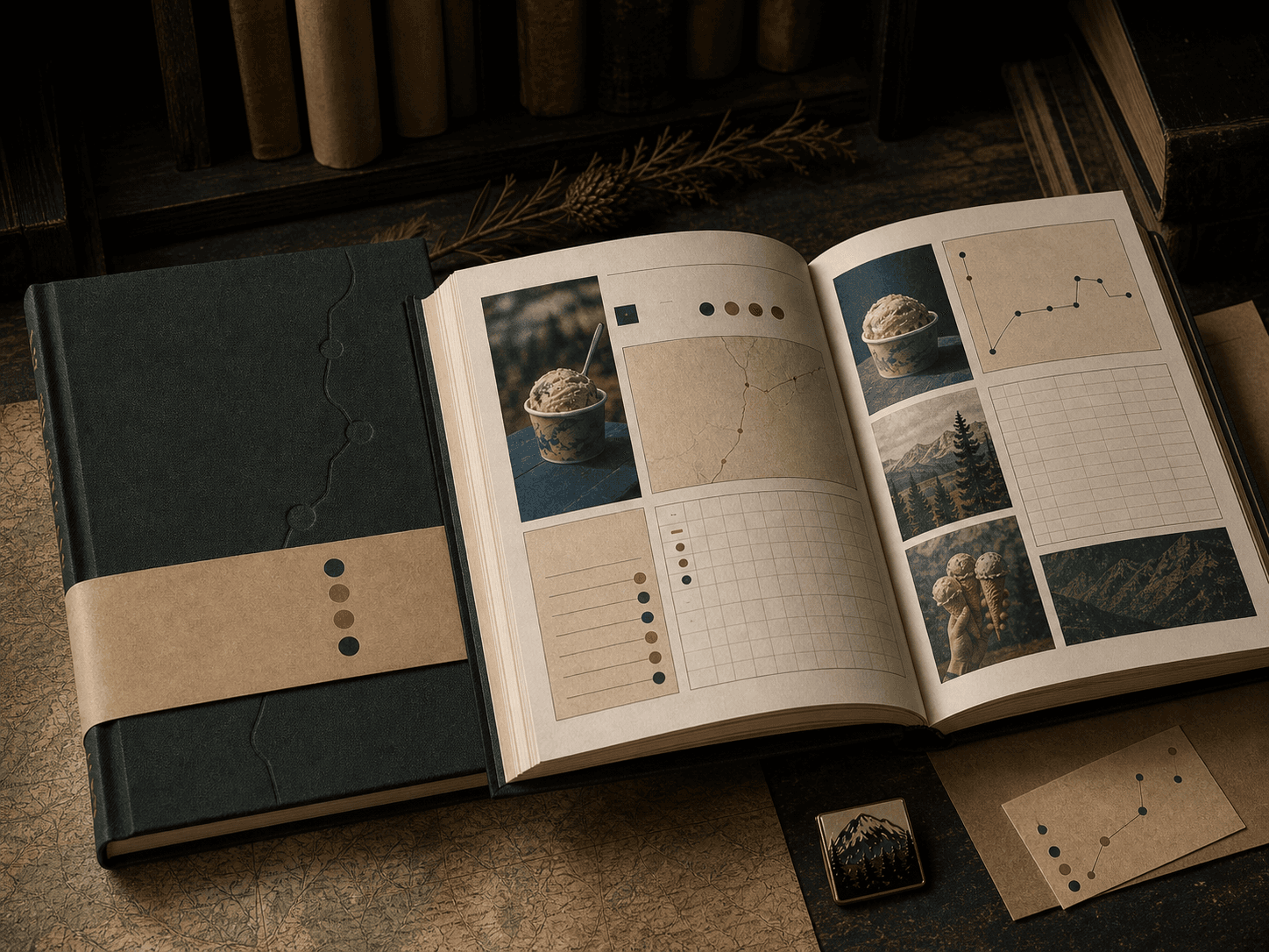 Forest-green Year One hardcover concept shown closed and open to editorial spreads