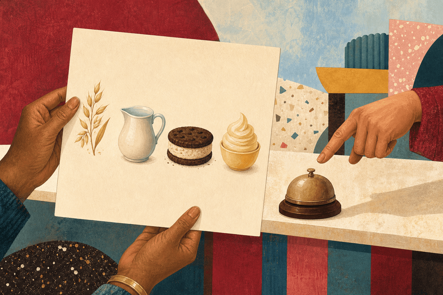 Illustrated hands hold a blank menu card with oat, dairy, sandwich, and custard cues while another hand points toward a counter bell.