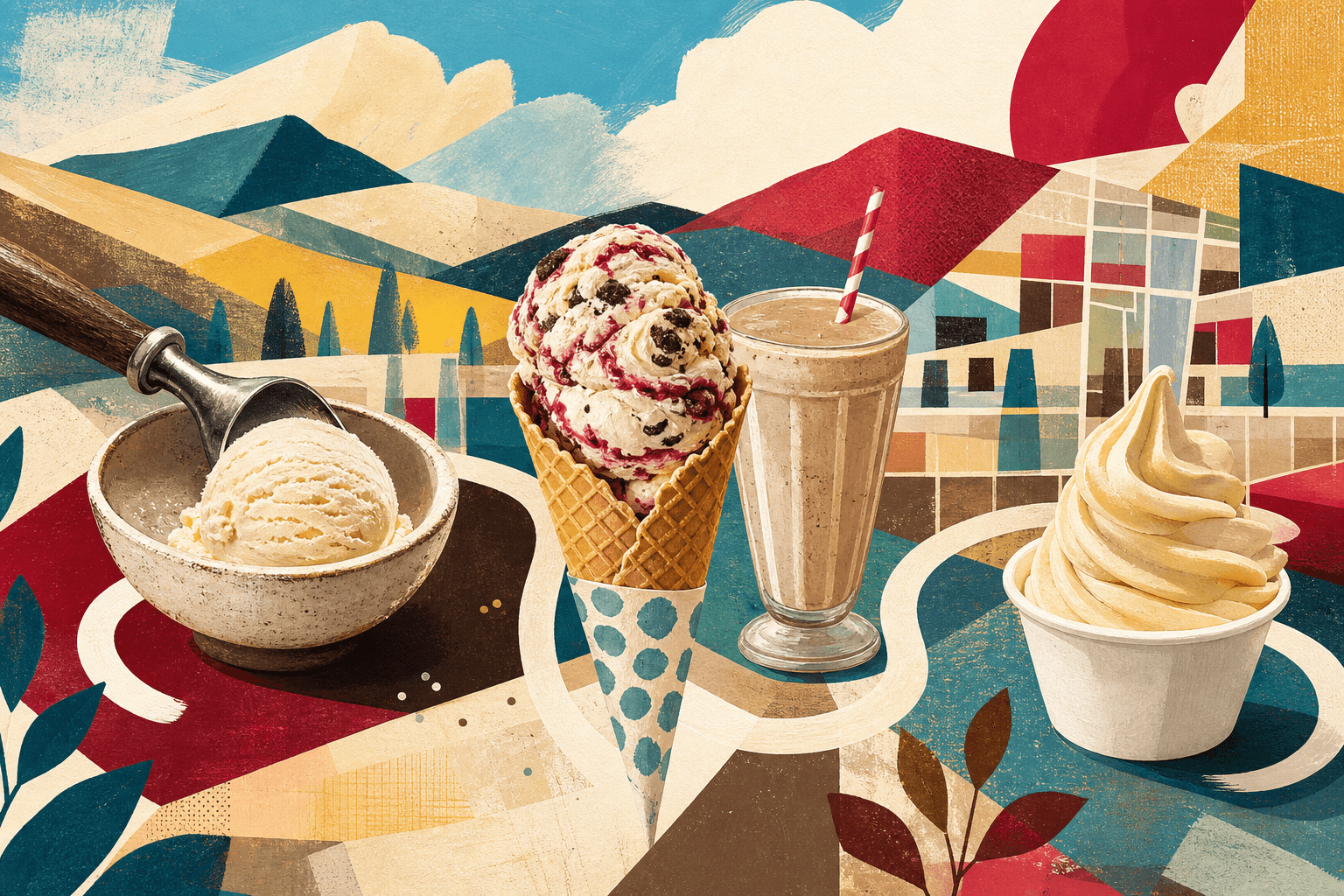Conceptual illustrated still life of hard-packed ice cream, a chunky cone and shake, and a frozen-custard ribbon against abstract foothills.
